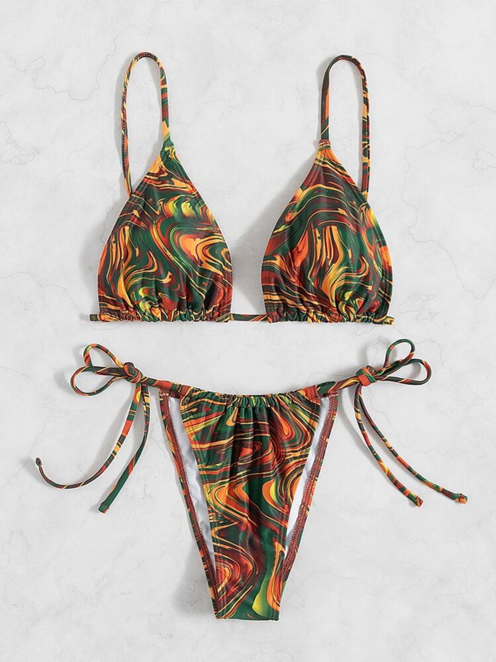 Marbled Swirl Tie-Side Bikini Set Orange, Yellow Brown & Green